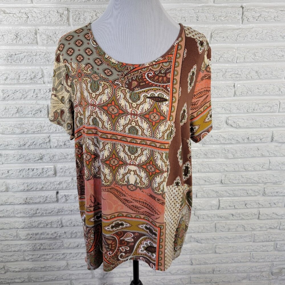 Jules Leopold Womens Top 1X Plus Short‎ Sleeve Brown Paisley Poly Blend PAI37E